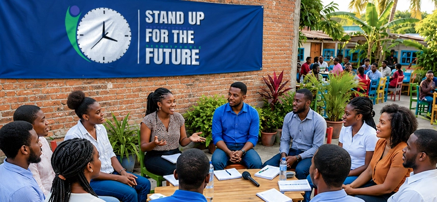 Young community leaders gathered in a circle for Stand Up For The Future dialogue and planning